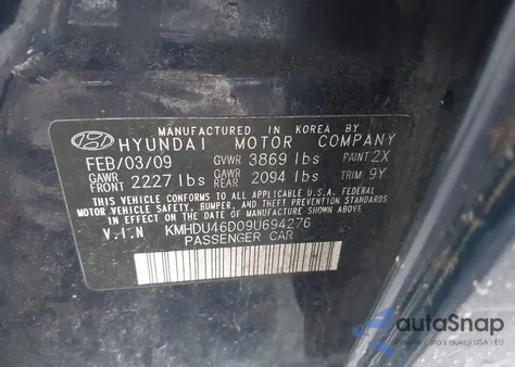 2009 Hyundai Elantra Se z USA, uszkodzony, nr VIN KMHDU46D09U694276
